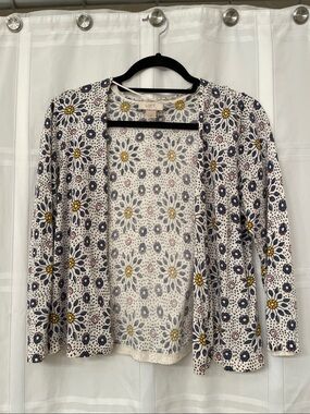 LOFT White Cardigan with Navy and Yellow Daisy Pattern